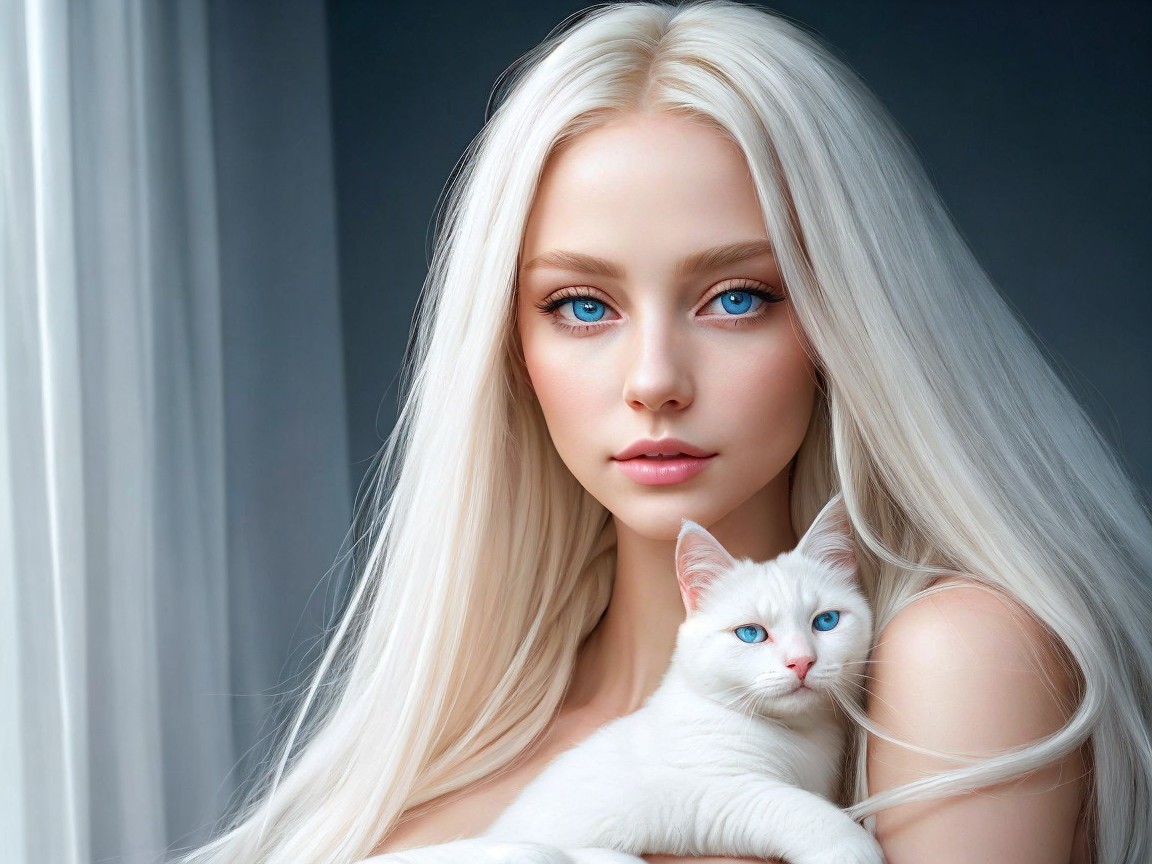 Young woman with platinum blonde hair and a cat