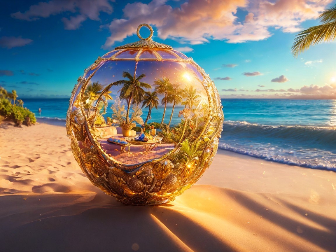 Glass Sphere Reflecting Tropical Paradise at Sunset