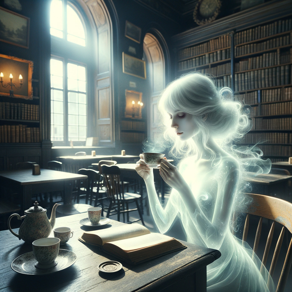 Ethereal Figure in Vintage Library with Teacup