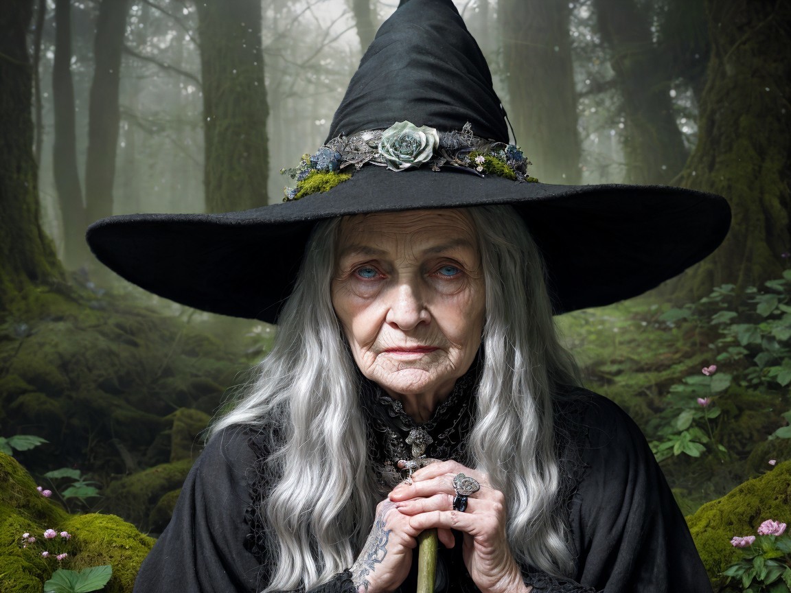 Elderly Woman in Witch Hat in Mystical Forest Setting