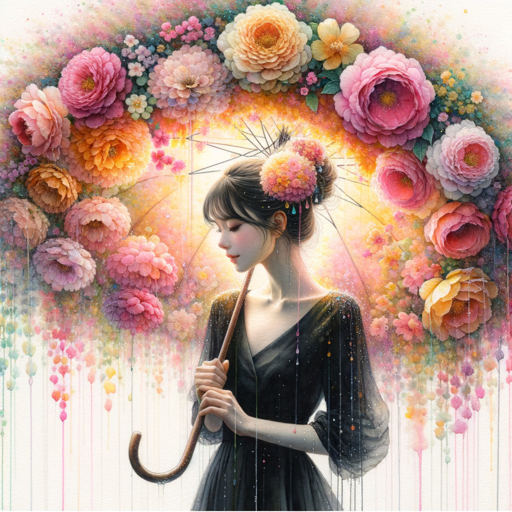 Young Woman with Umbrella in Flower Garden Setting