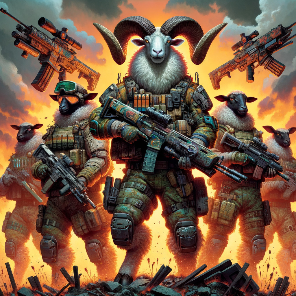 Anthropomorphic sheep in military gear with weapons