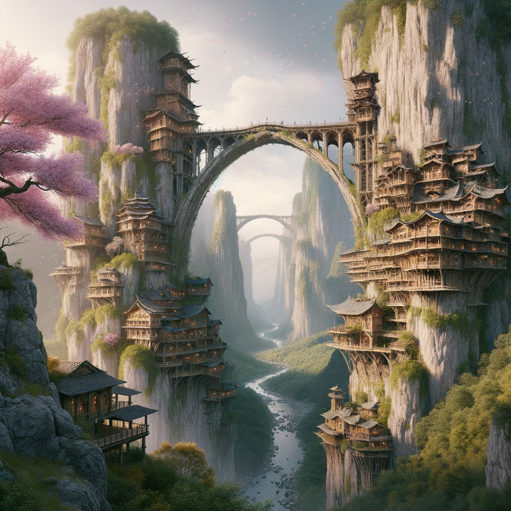 Lush Green Cliffs with Wooden Structures and Bridge