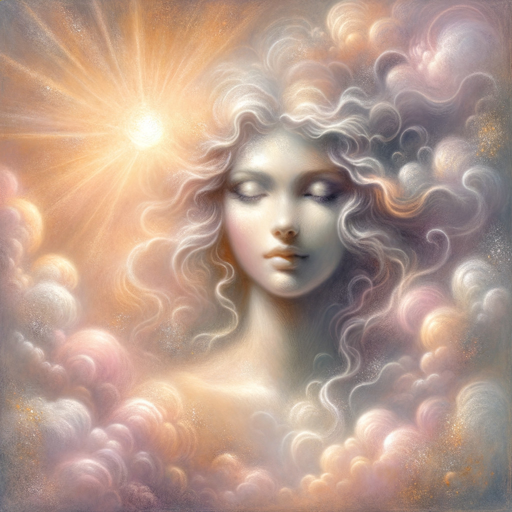 Ethereal figure in clouds with pastel sky hues