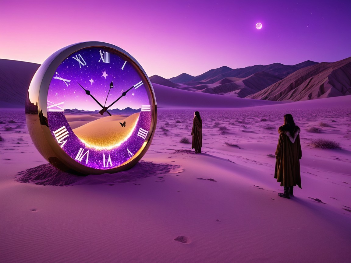 Surreal Desert Scene with Golden Clock and Cloaked Figures