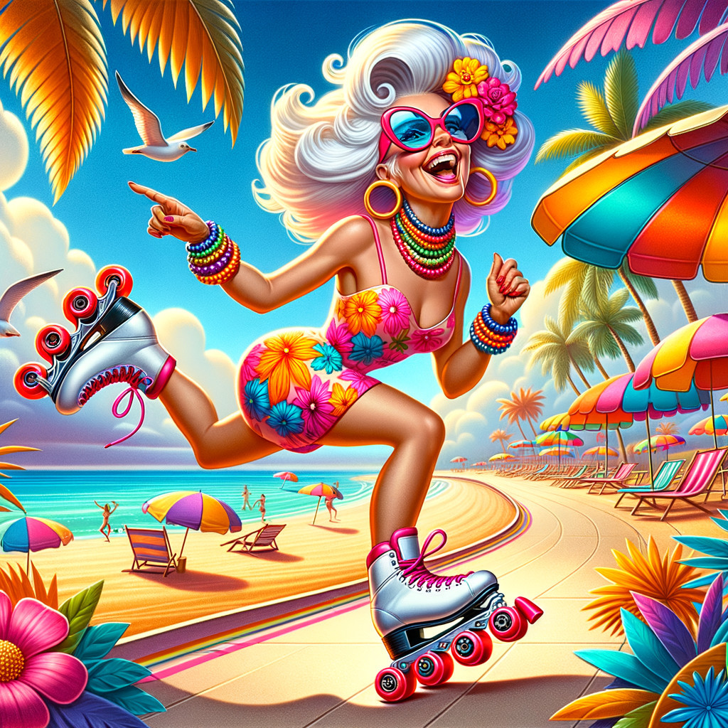 Vibrant Beach Scene with Joyful Woman on Roller Skates