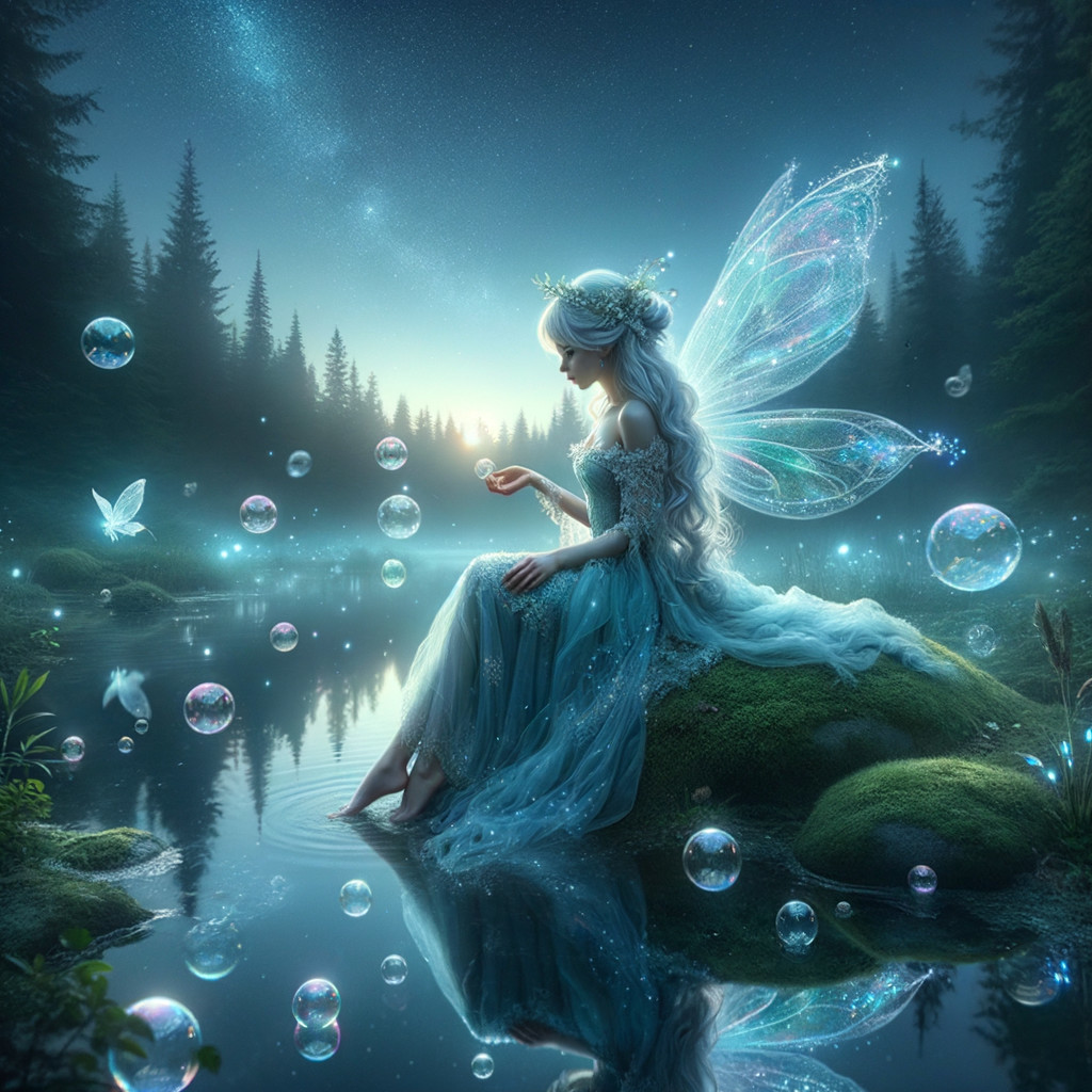 Fairy on Moss Rock by Tranquil Reflective Lake