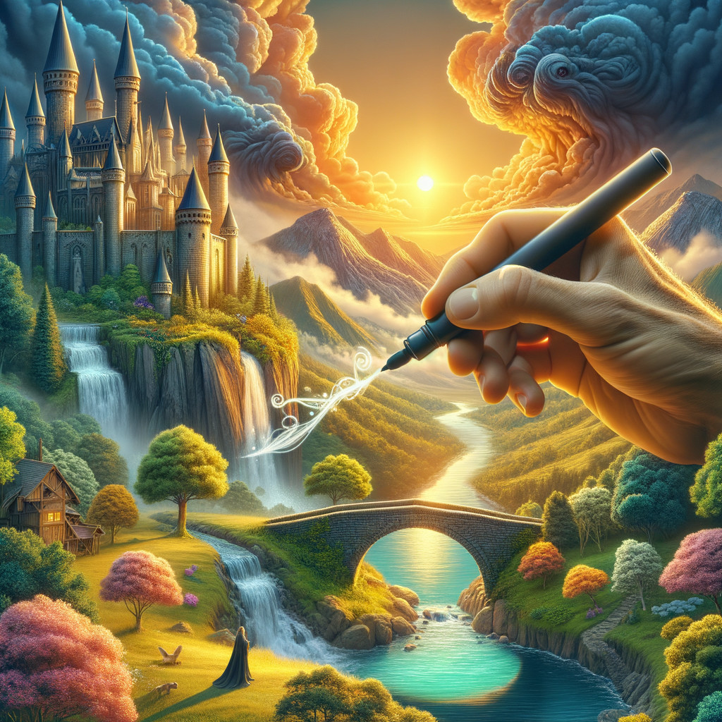 Majestic landscape with castle and cascading waterfalls
