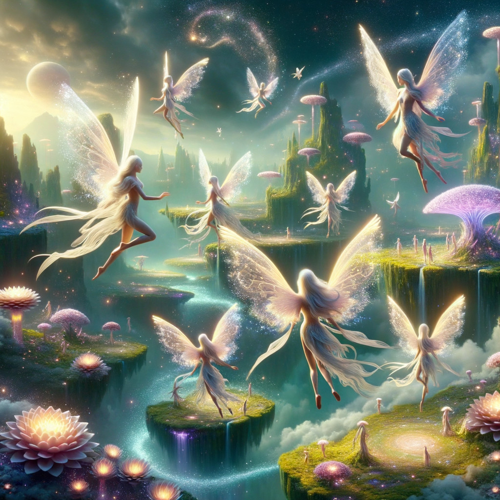 Whimsical Fantasy Scene with Ethereal Fairies and Islands