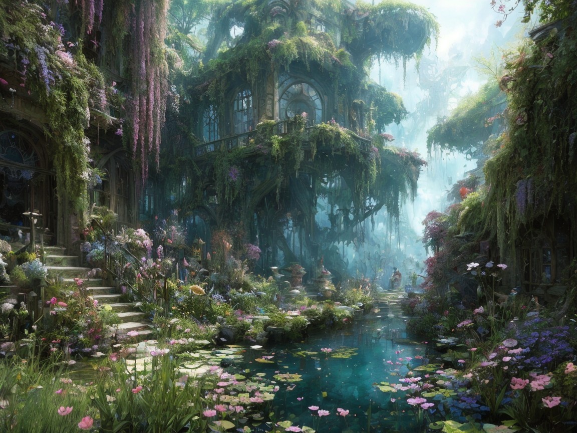 Ethereal Garden with Overgrown Mansion and Pond