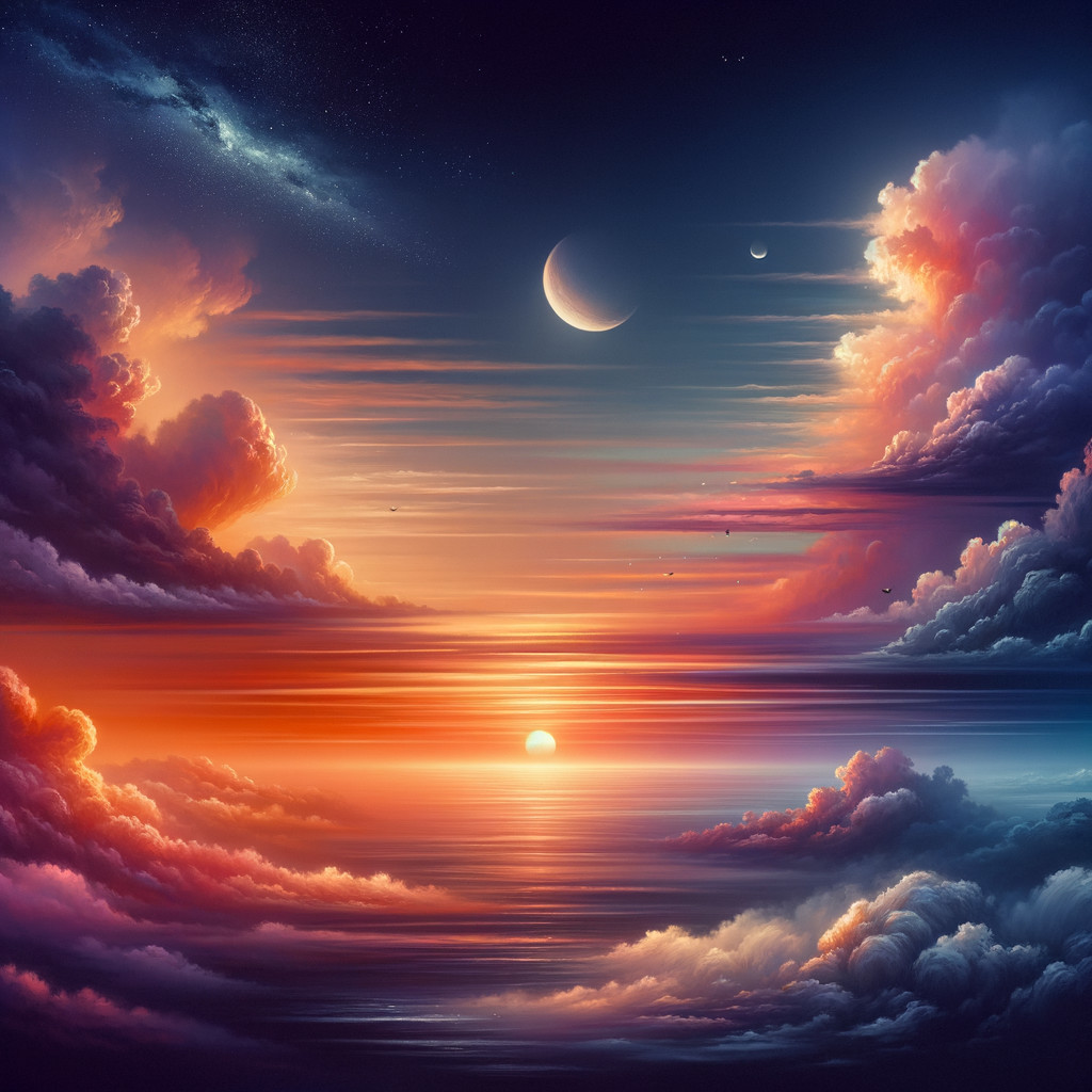 Vibrant Sunset with Crescent Moon and Ocean Reflection