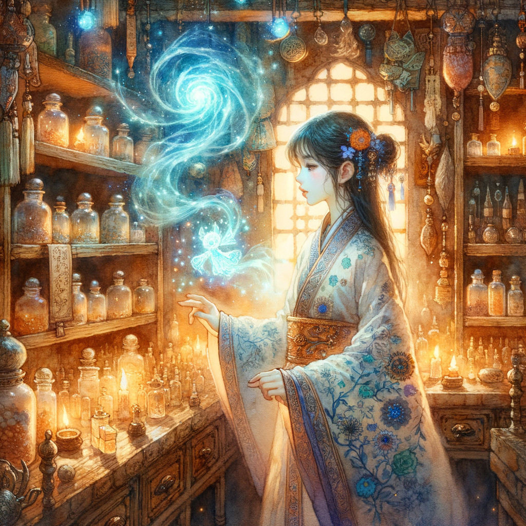 Young woman in ornate robe with glowing blue energy