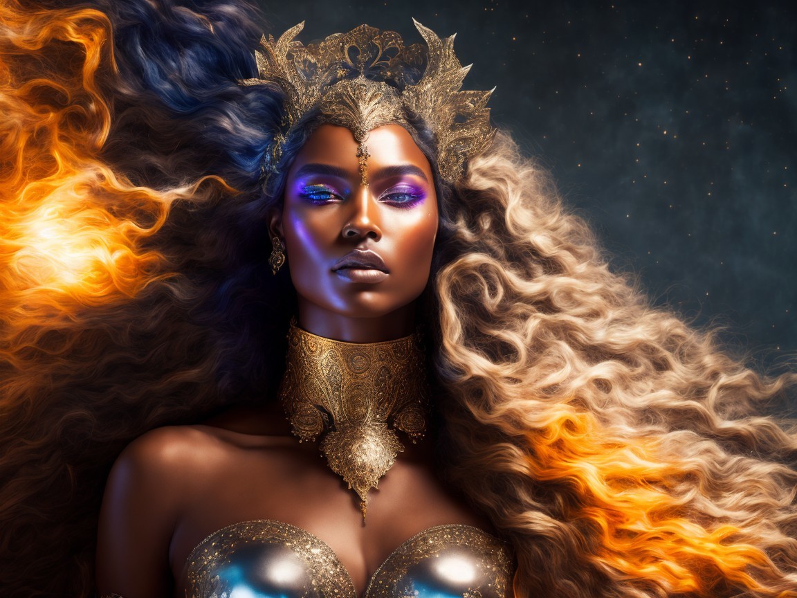 Portrait of a Woman with Voluminous Golden Hair