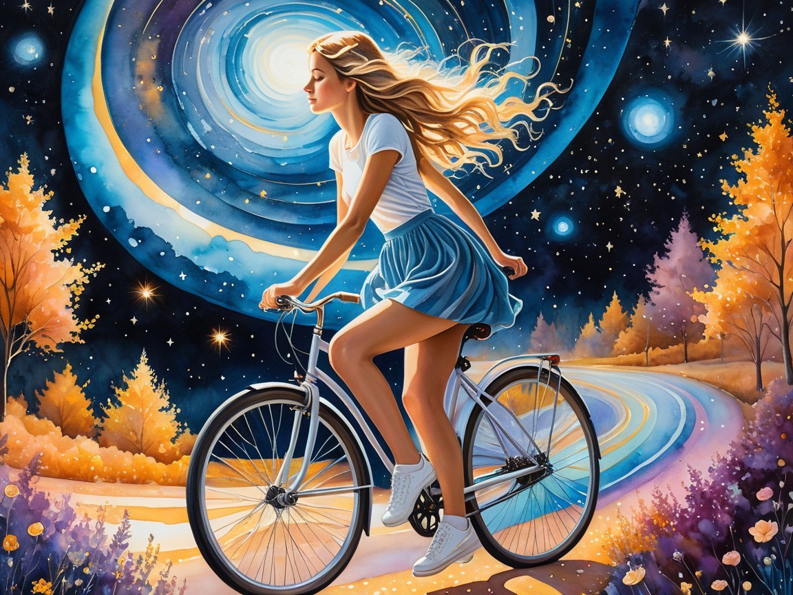 Young woman cycling in a cosmic landscape at night