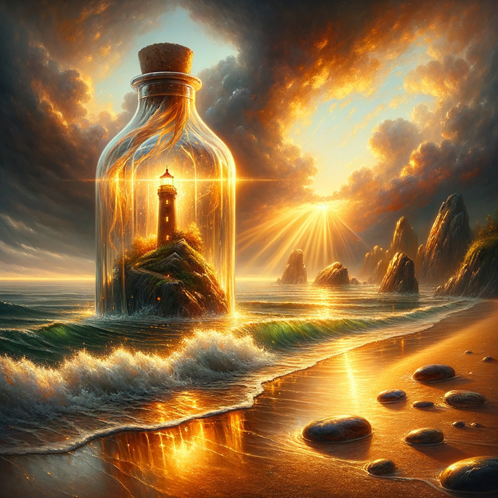 Lighthouse in Glass Bottle Against Sunset Coastline
