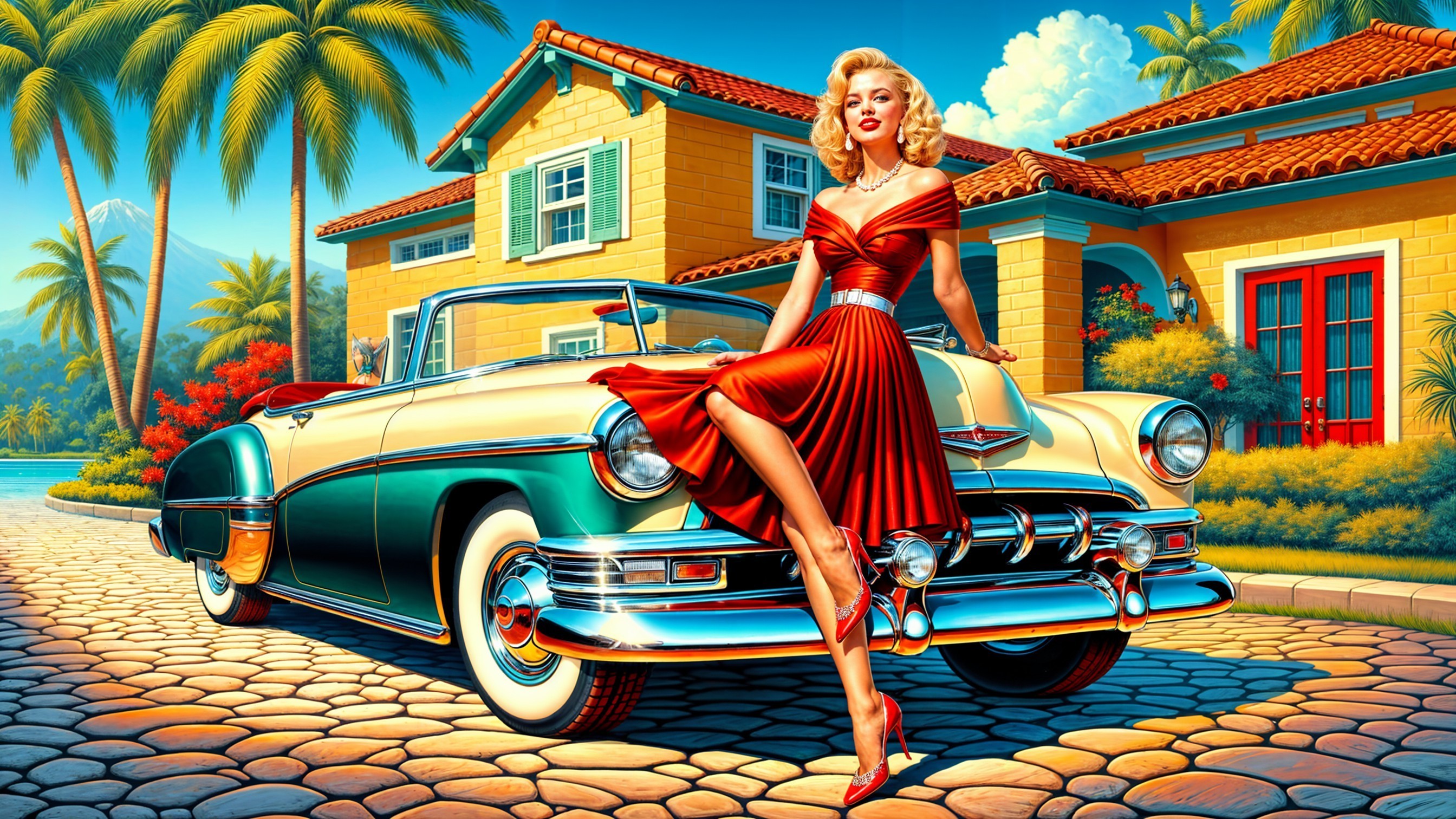 Glamorous Woman in Red Dress by Vintage Convertible