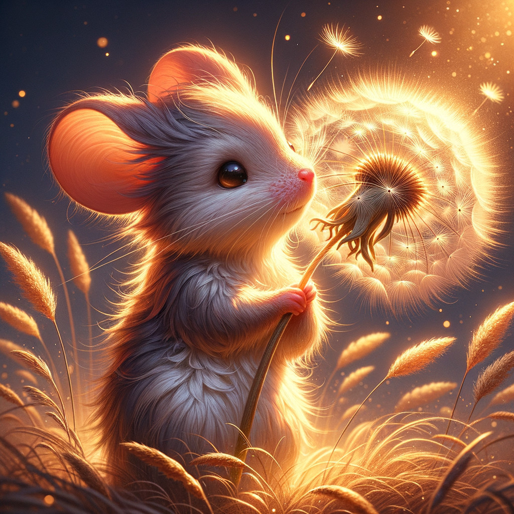 Whimsical Mouse with Dandelion in Magical Setting