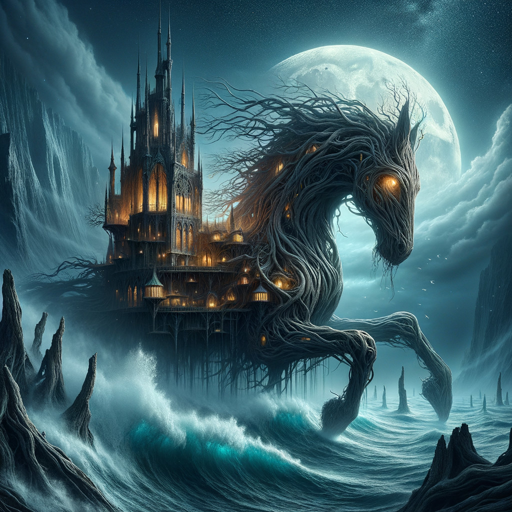 Otherworldly Castle and Ethereal Creature Scene