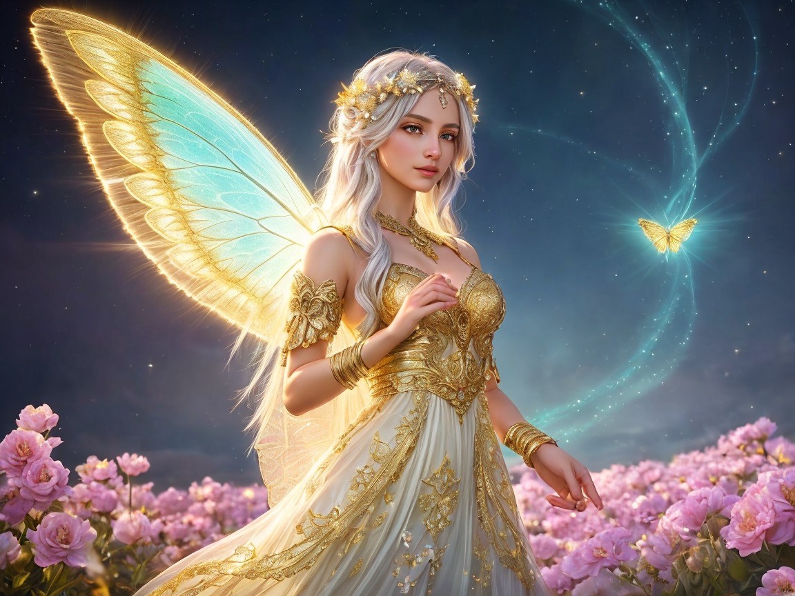 Serene Fantasy Scene with Fairy and Pink Roses