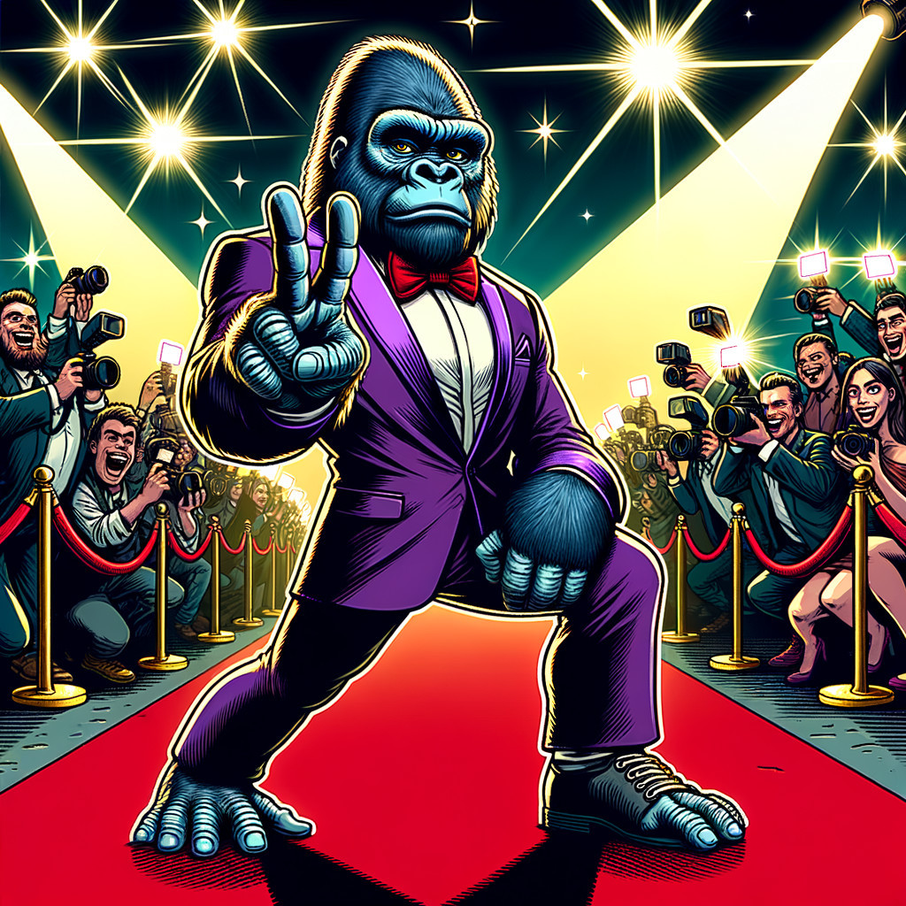 Stylized Gorilla in Purple Tuxedo on Red Carpet