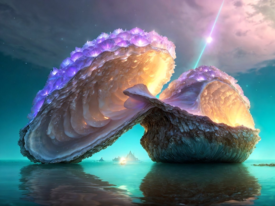 Luminescent Oyster Shells on Calm Waters at Night
