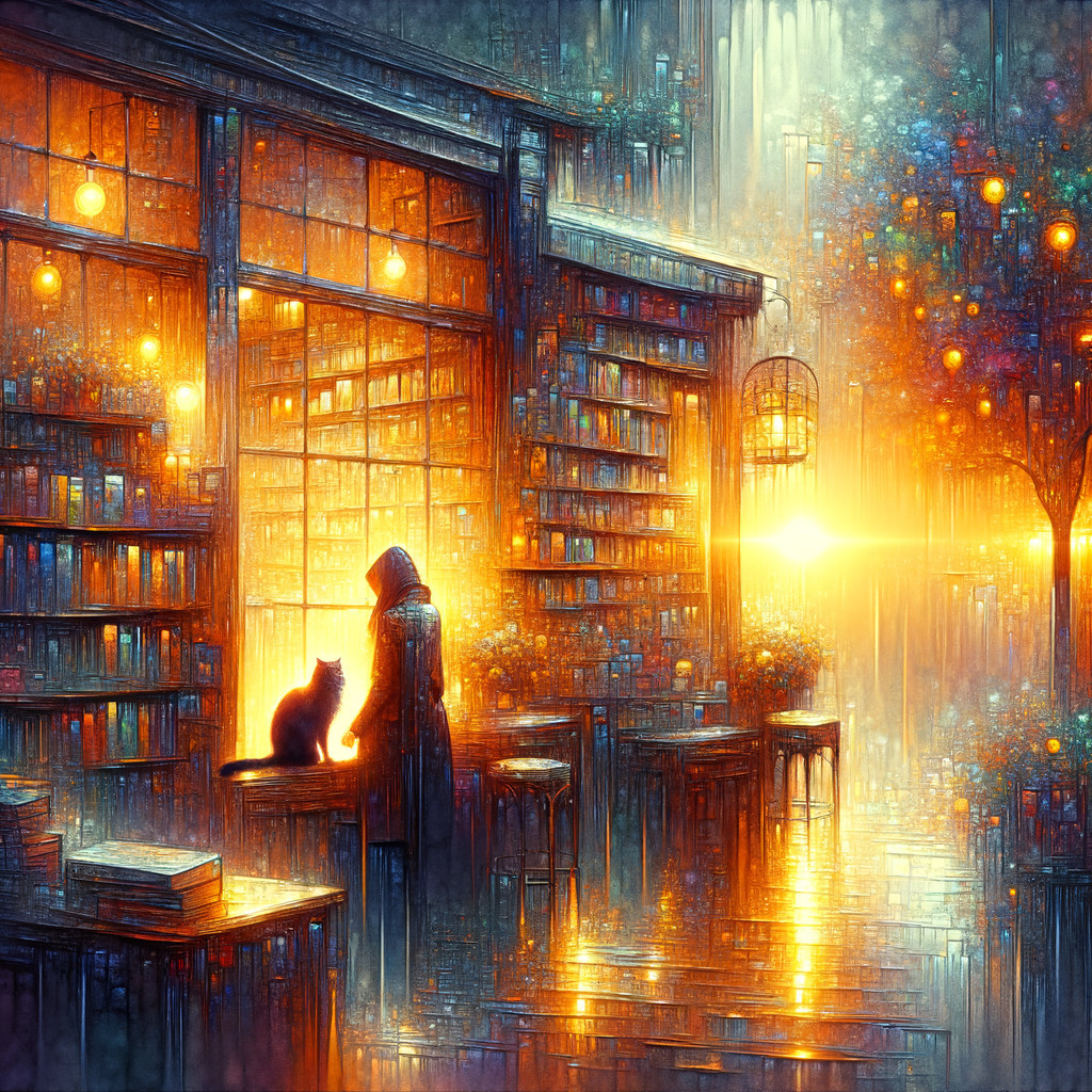 Solitary Figure with Cat Outside Cozy Bookshop