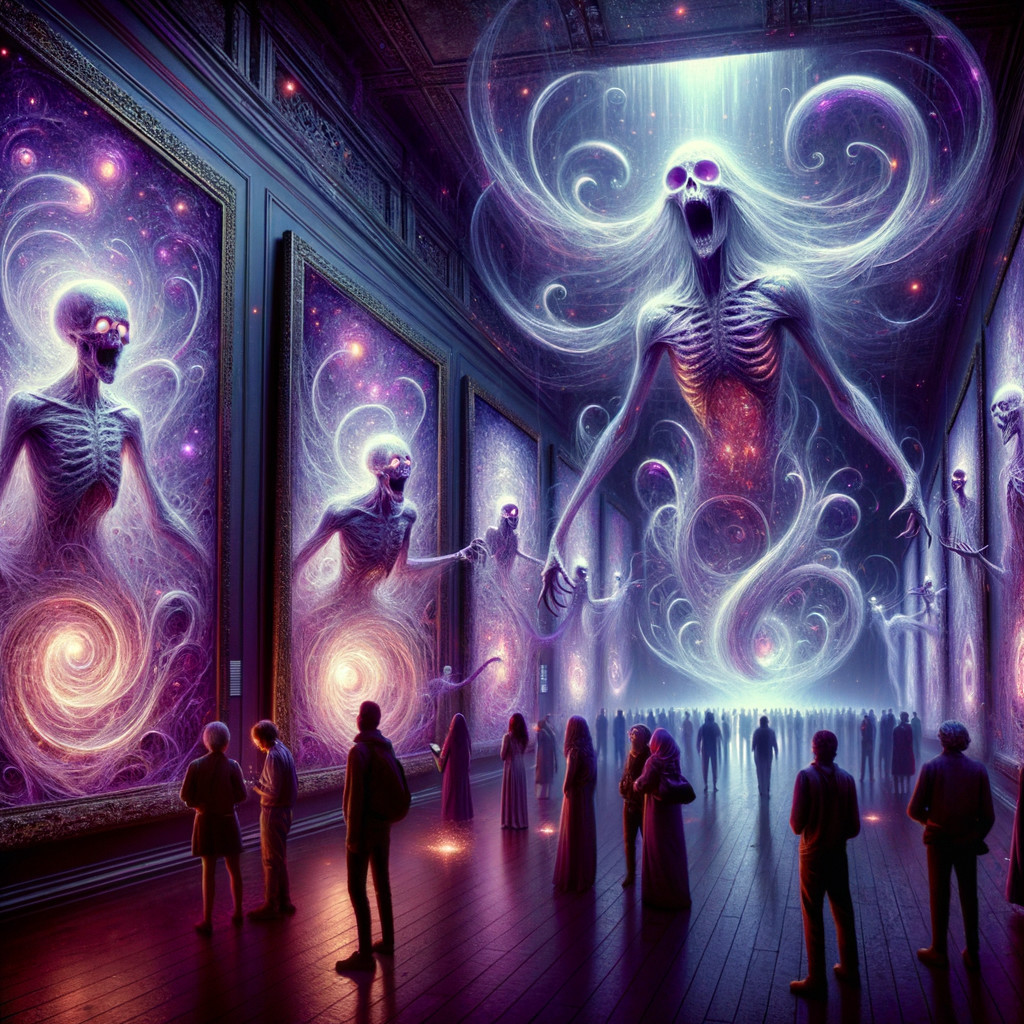 Surreal Art Gallery with Ethereal Skeleton Figures