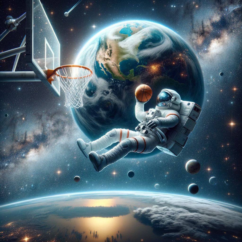 Astronaut in Space Suit with Basketball and Hoop