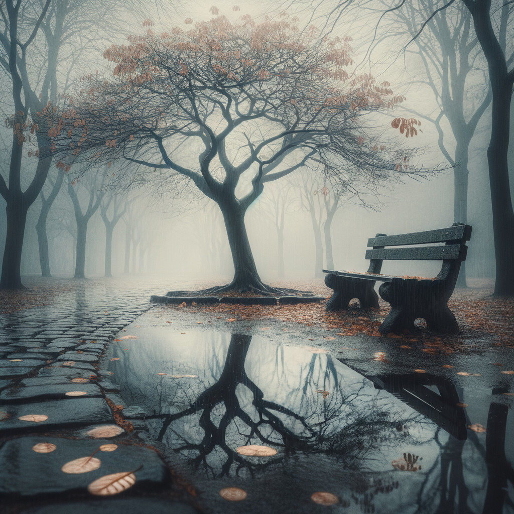 Foggy Landscape with Tree and Empty Wooden Bench
