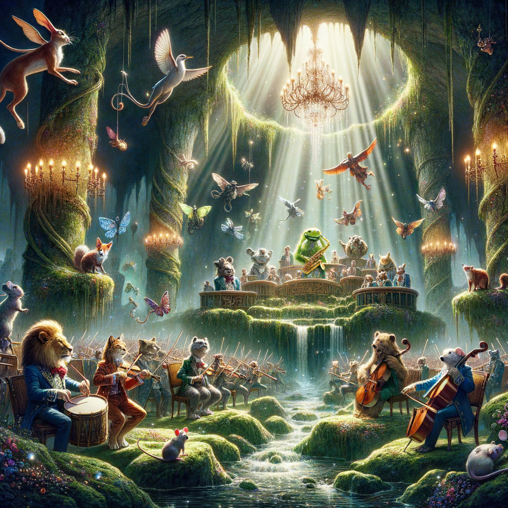 Whimsical Orchestra of Animals in a Magical Cavern