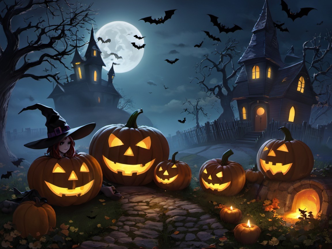 Spooky Halloween Night with Haunted Houses and Jack-o'-Lanterns