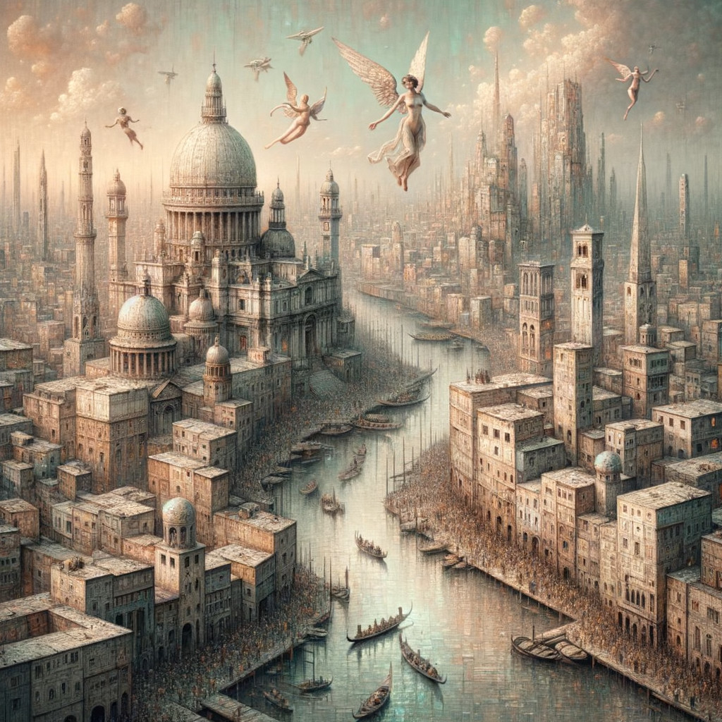 Fantasy Cityscape with River and Ethereal Angels