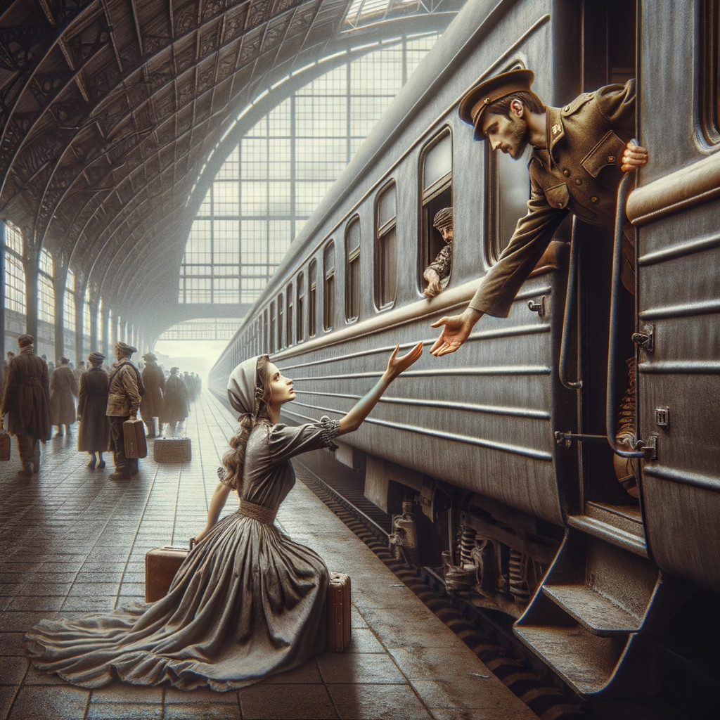 Vintage Train Station Scene with Young Woman and Soldier