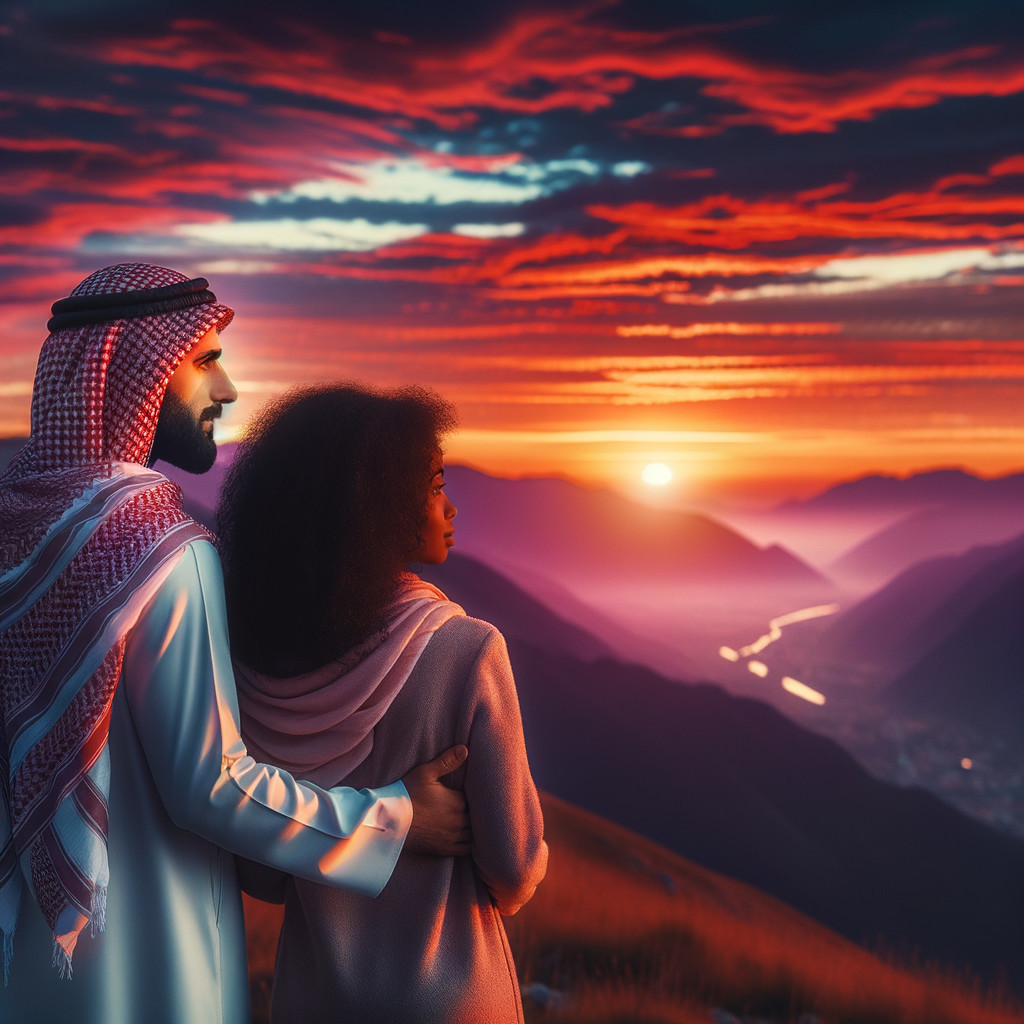 Traditional Attire Against a Sunset Landscape