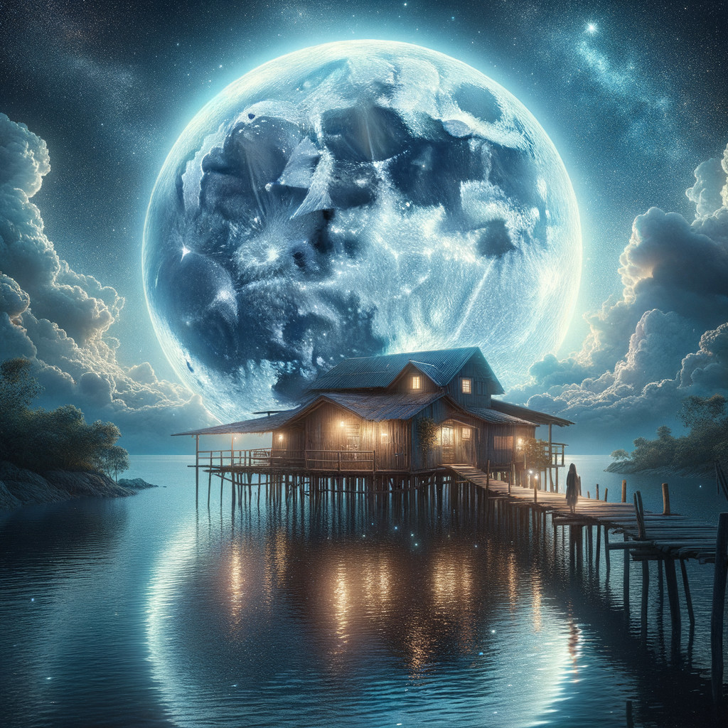 Wooden House on Stilts by Moonlit Water Scene