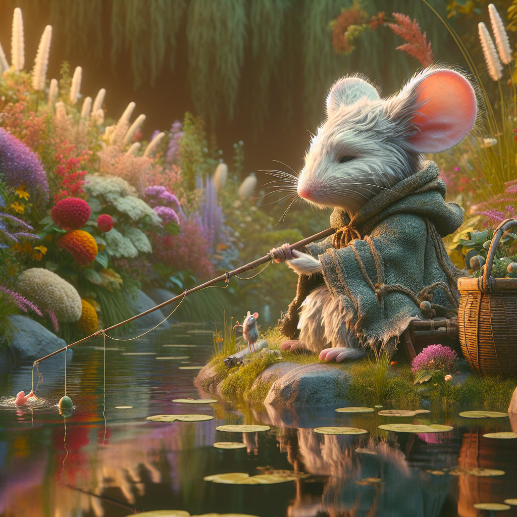 Charming Mouse Fishing by a Tranquil Pond in Garden