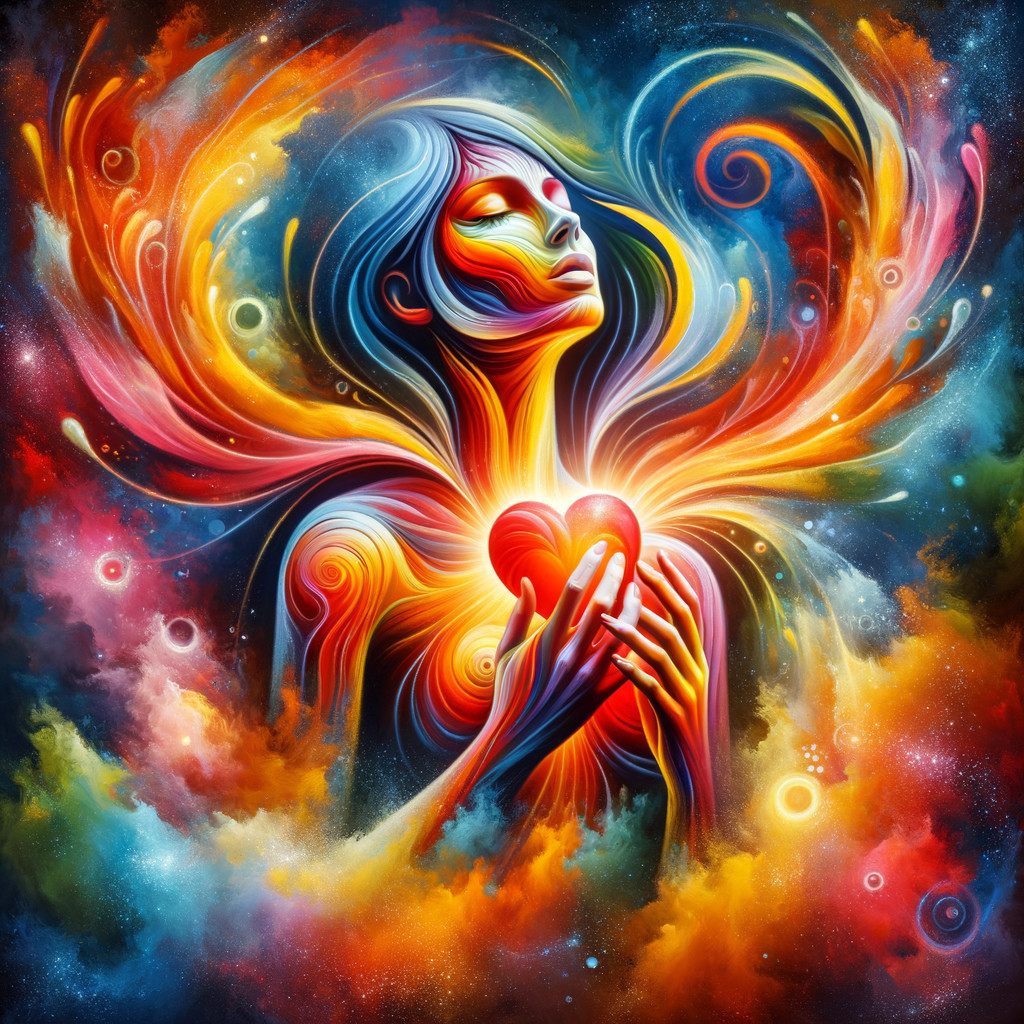 Surreal Illustration of Woman Cradling Glowing Heart