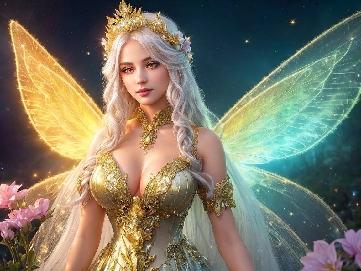 Mystical fairy in golden gown among vibrant flowers