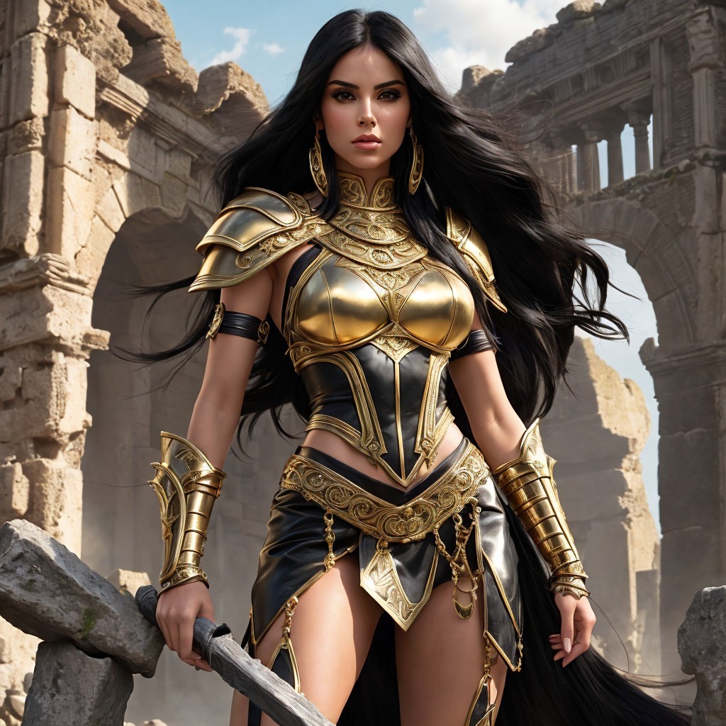 Warrior in Golden Armor Amidst Ancient City Ruins