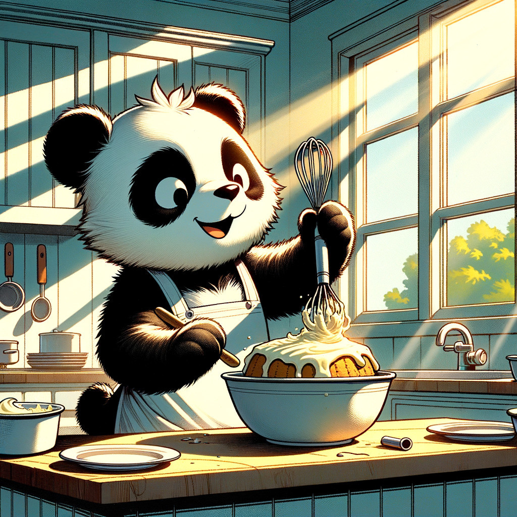 Panda in a Sunlit Kitchen Mixing Dessert Batter