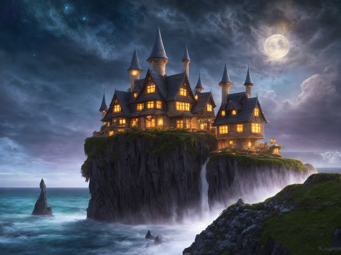 Castle on Cliff with Twilight Sky and Full Moon