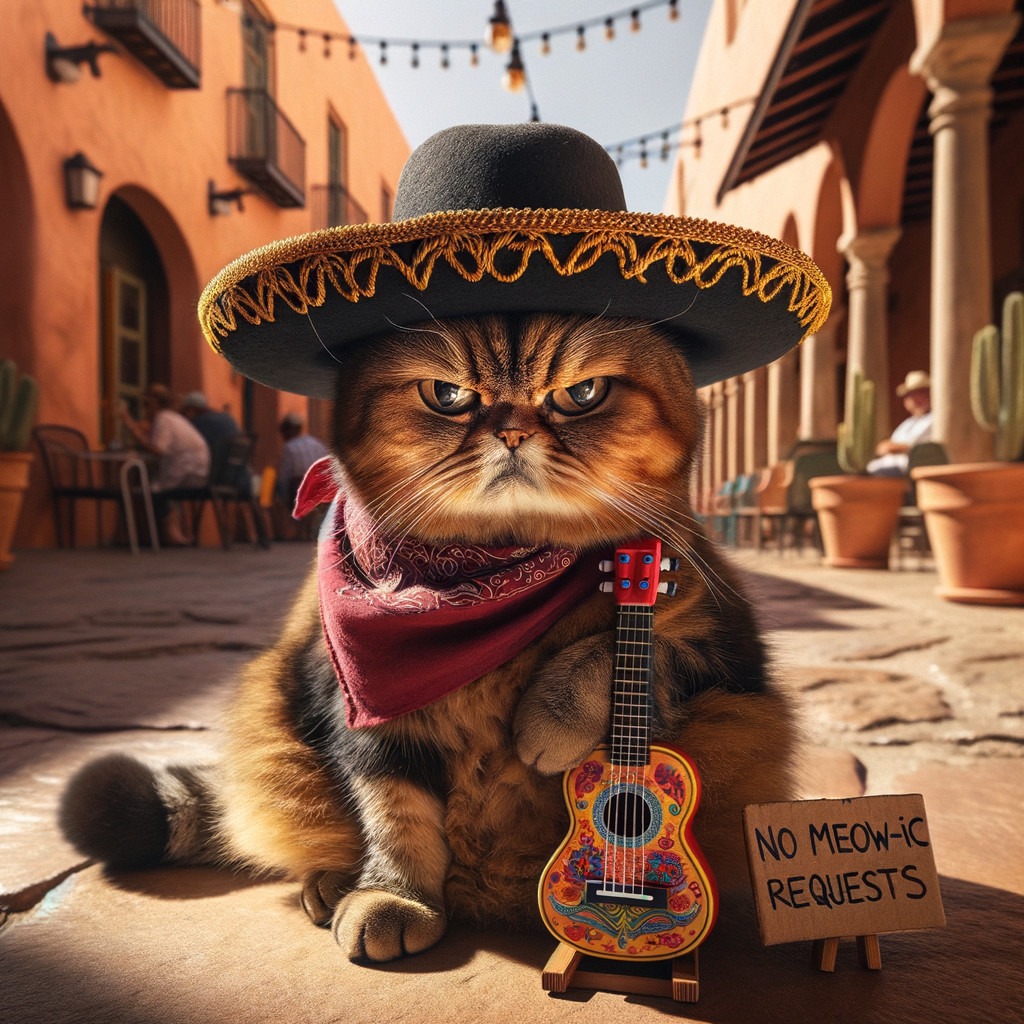 Fluffy Cat in Sombrero with Mini Guitar in Courtyard