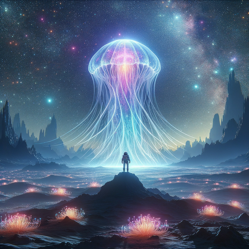 Astronaut Observing Glowing Jellyfish in Alien Landscape