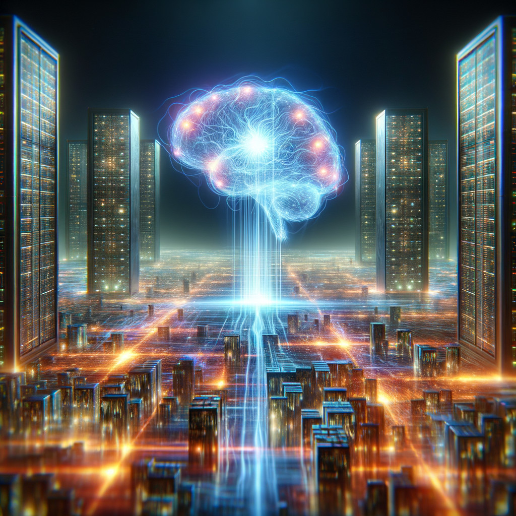 Futuristic cityscape with glowing skyscrapers and brain