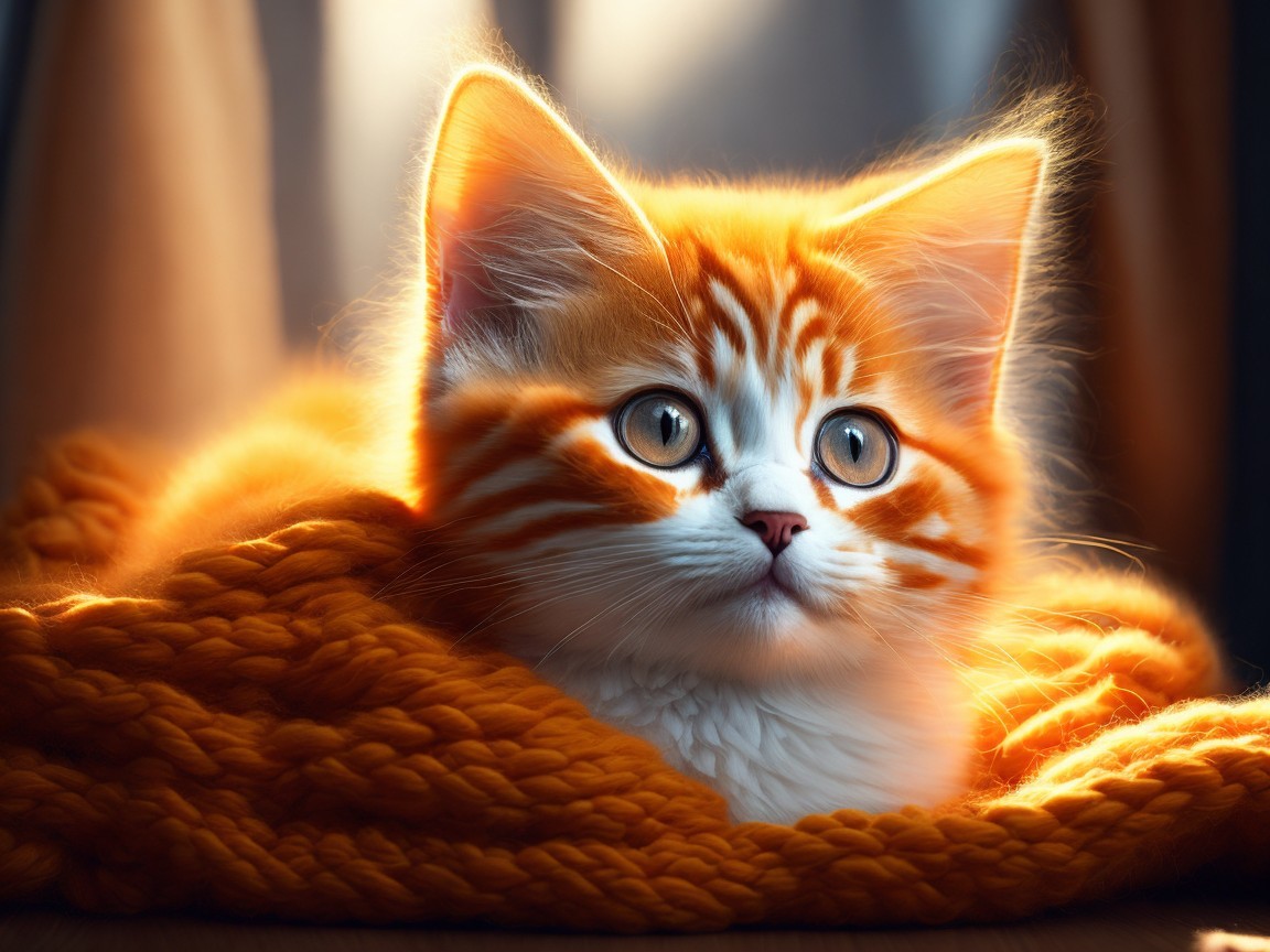 Fluffy Orange Tabby Kitten on Cozy Knitted Blanket