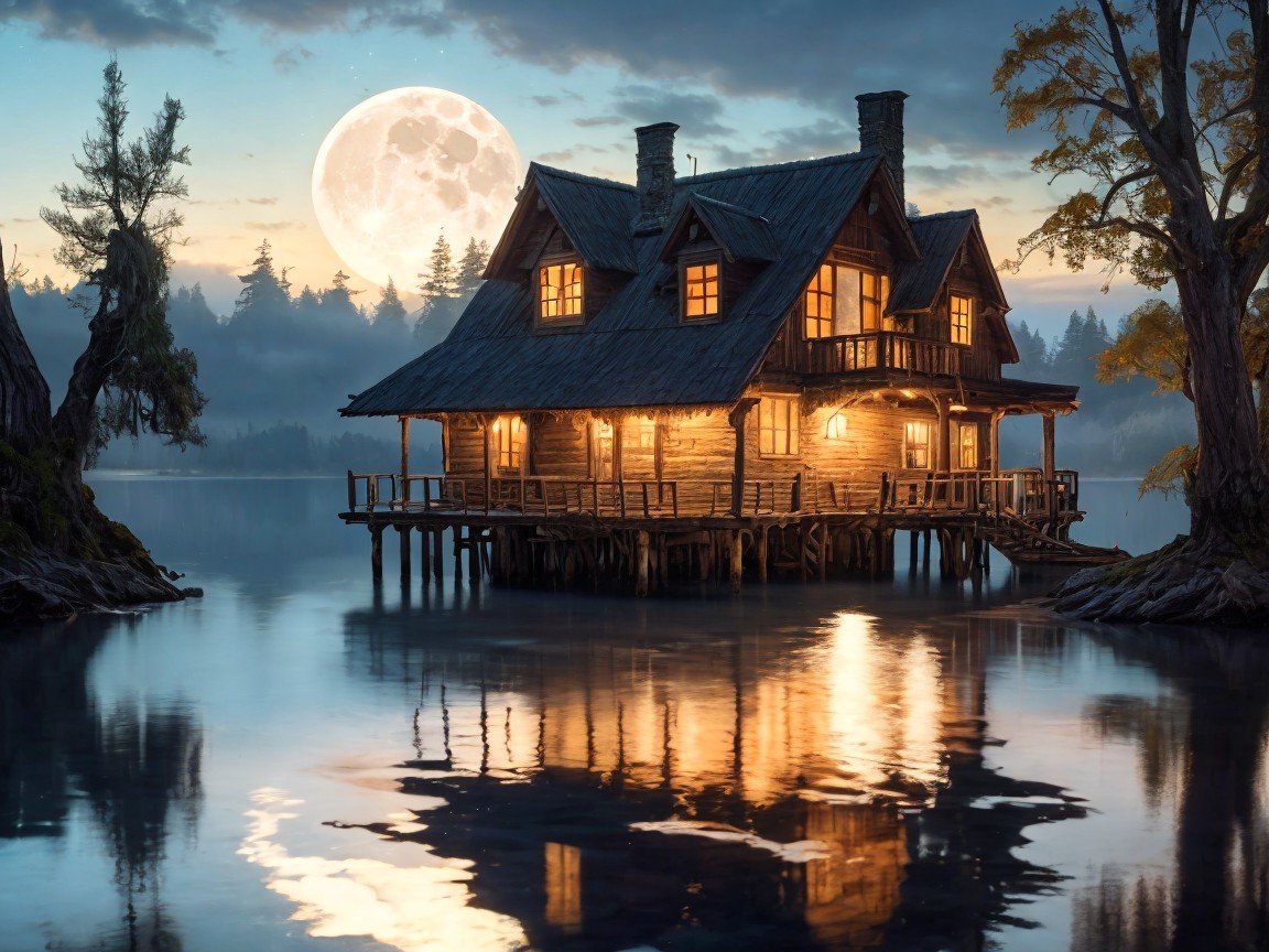 Wooden Cabin on Stilts by Calm Waters at Twilight