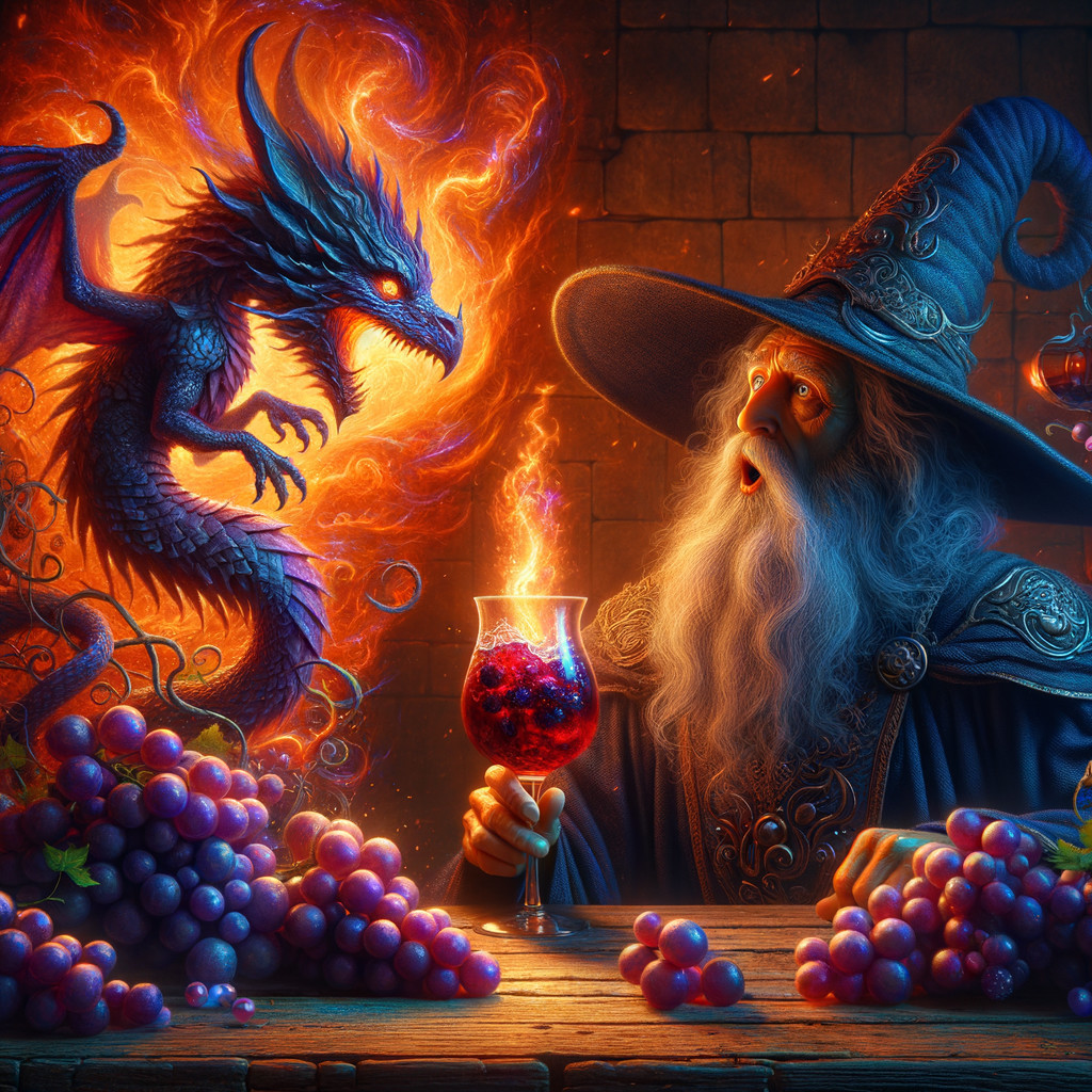 Elderly wizard observes fiery dragon in mystical setting