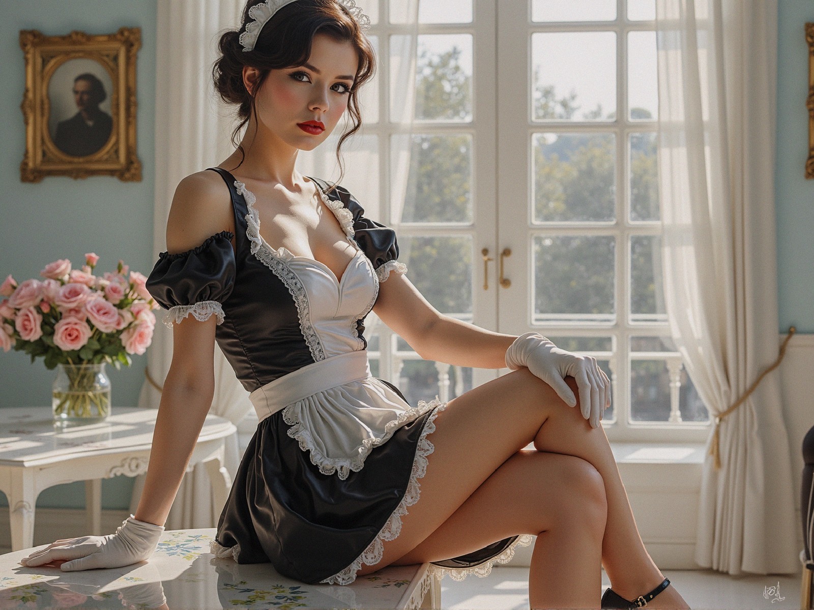 Young Woman in Vintage Maid Outfit with Roses