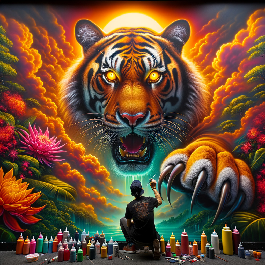 Vibrant Mural of a Majestic Tiger with Artistic Details