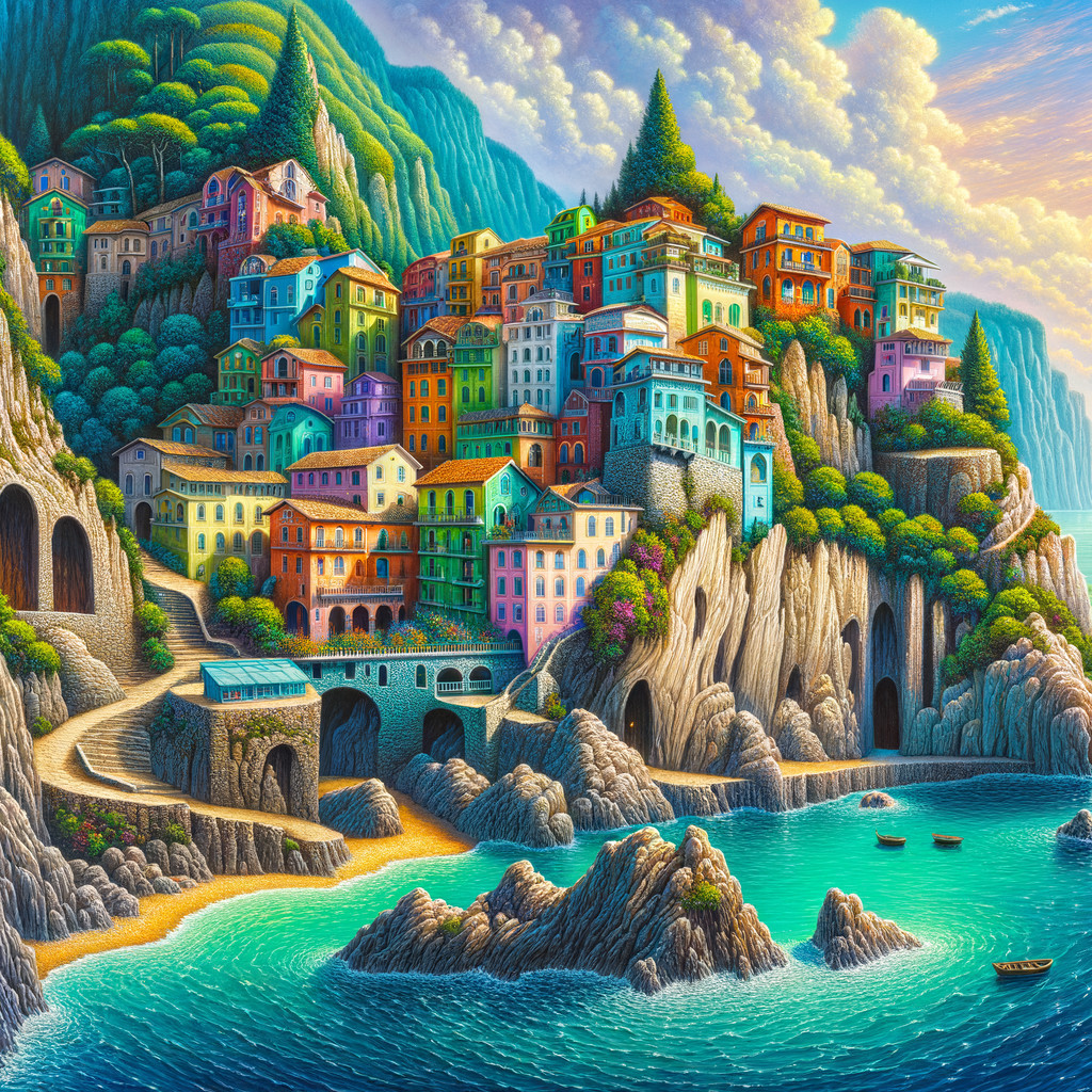 Coastal Village with Colorful Homes and Turquoise Bay